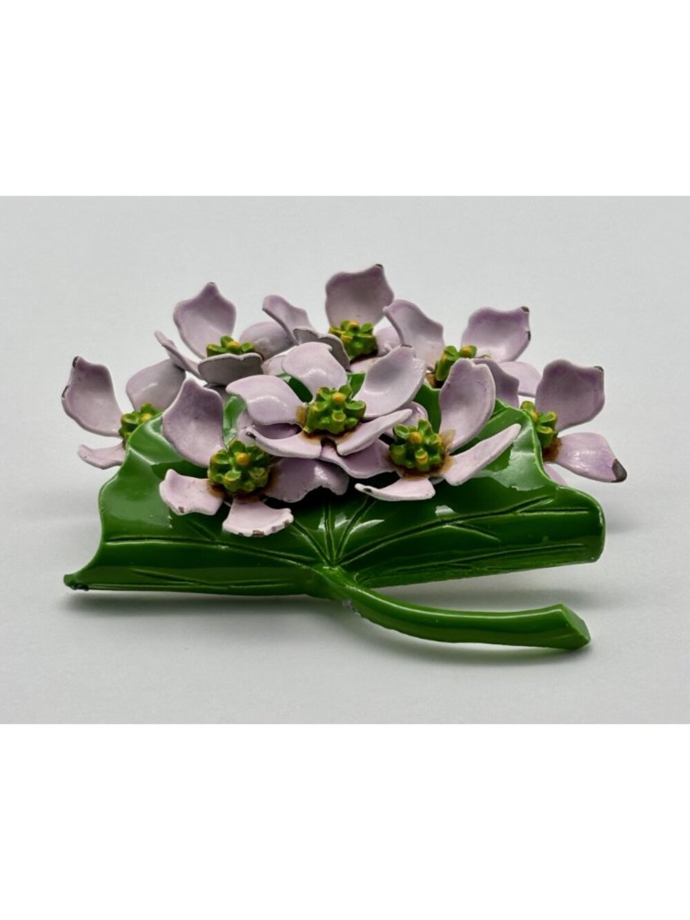 Vintage Enamel Flower Brooch And Clip-On Earrings Dimensional Flowers Pink Green - Picture 8 of 16